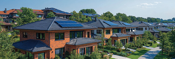 Obraz premium A row of modern homes with solar panels on the roofs, showcasing a sustainable and eco-friendly lifestyle.