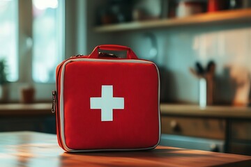 Red first aid kit sitting on table in home kitchen setting