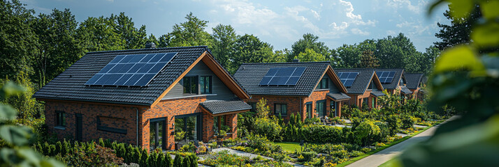 Obraz premium A row of modern, brick homes with solar panels on the roofs, set amidst lush greenery.