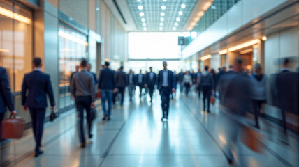 Professionals in business attire navigate through a modern hallway, carrying briefcases and bags, as bright sunlight streams in through large windows, signaling the start of a busy day.