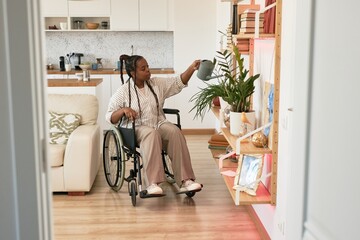 Person in wheelchair watering plants on shelf in cozy, modern apartment with wooden flooring and...
