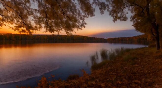 Autumn twilight near a forest lake beautiful autumn landscape camera movement hyperlapse video 4096 2304 4k animation