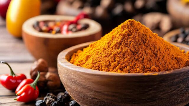 A bowl of turmeric powder, with other spices like black pepper and cumin, next to it.