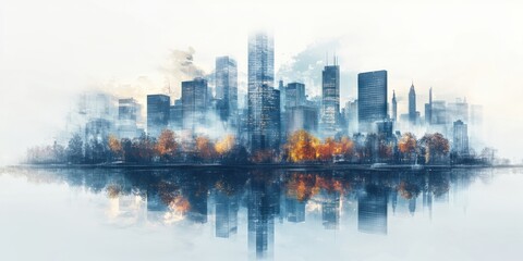 Fototapeta premium amazing a city skyline with a a cityscape featuring a towering skyscraper a bustling street and a serene river flowing through it png