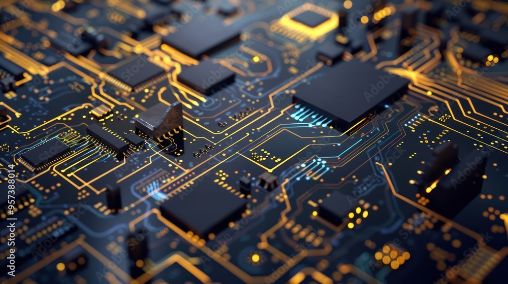 Poster closeup of a microchip circuit board with glowing lines