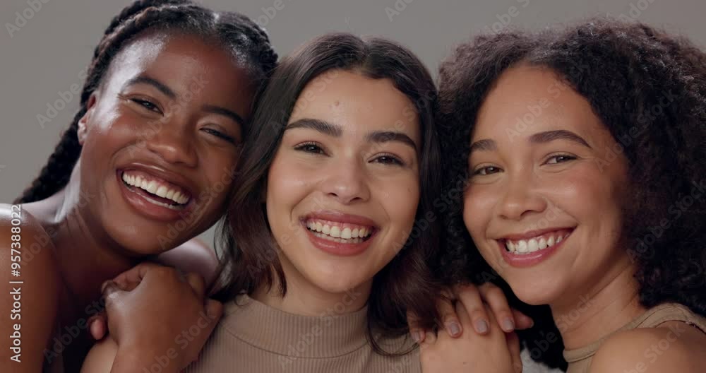 Sticker Women, smile and skincare with diversity in studio for dermatology, beauty or solidarity on gray background. Friends, face and laughing with support for self care, cosmetics or facial transformation