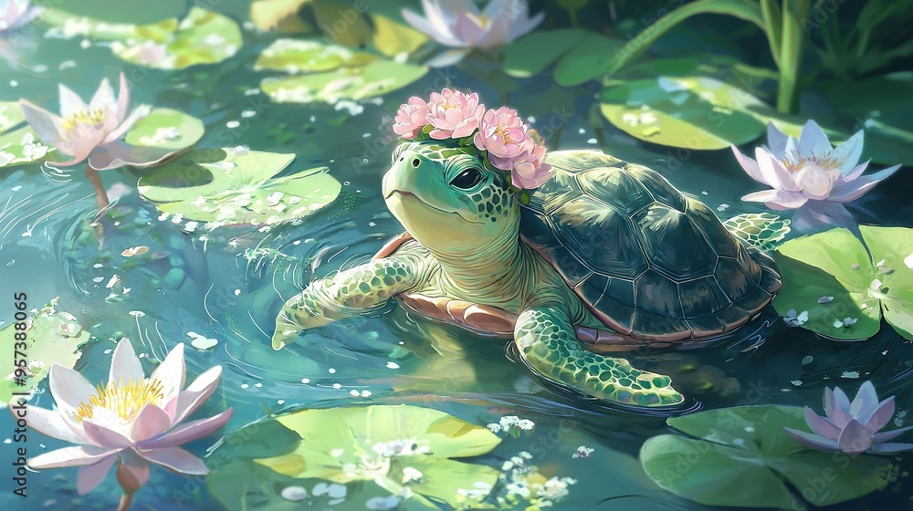 Canvas Prints   A painting depicts a turtle crowned with flower garland drifting in lily-filled pond