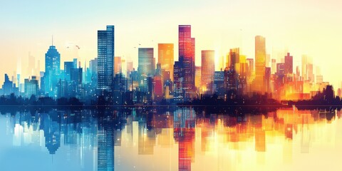 Fototapeta premium amazing a city skyline with a a cityscape featuring a towering skyscraper a bustling street and a serene river flowing through it png