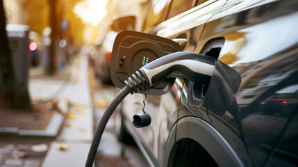 Close-up view of electric car being charged on a busy city street in autumn