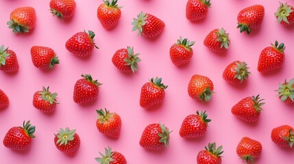 Fresh strawberries arranged neatly on a pink background for a vibrant and appetizing display during the summer season