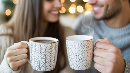 Happy couple enjoying a cozy moment toasting with coffee mugs indoors during winter evenings