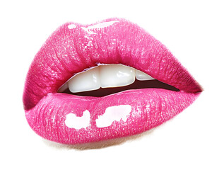 Glossy Pink Lips with a Subtle Shine, Isolated on a Transparent PNG Background   