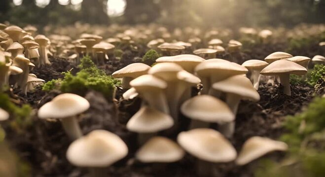 Time Lapse of Oyster mushrooms growing in field close up Healthy ECO food Edible mushroom grow on Bio farm Food production business 4k animation