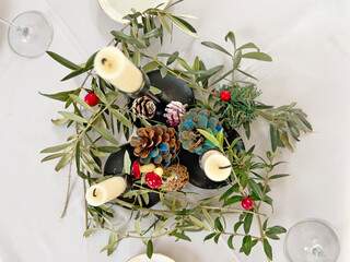 Festive Table Center piece with Candles and Pinecones