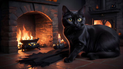 Halloween magical scene with black cat and fireplace. Digital artwork. Ai generated