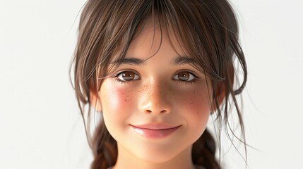 Fototapeta premium A cheerful girl with long braided hair smiles, her expressive brown eyes reflecting warmth and happiness against a bright backdrop, embodying youthful joy