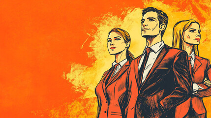 Hand-drawn illustration of a confident and determined business team, with copy space, ideal for representing success, teamwork, and professional achievement