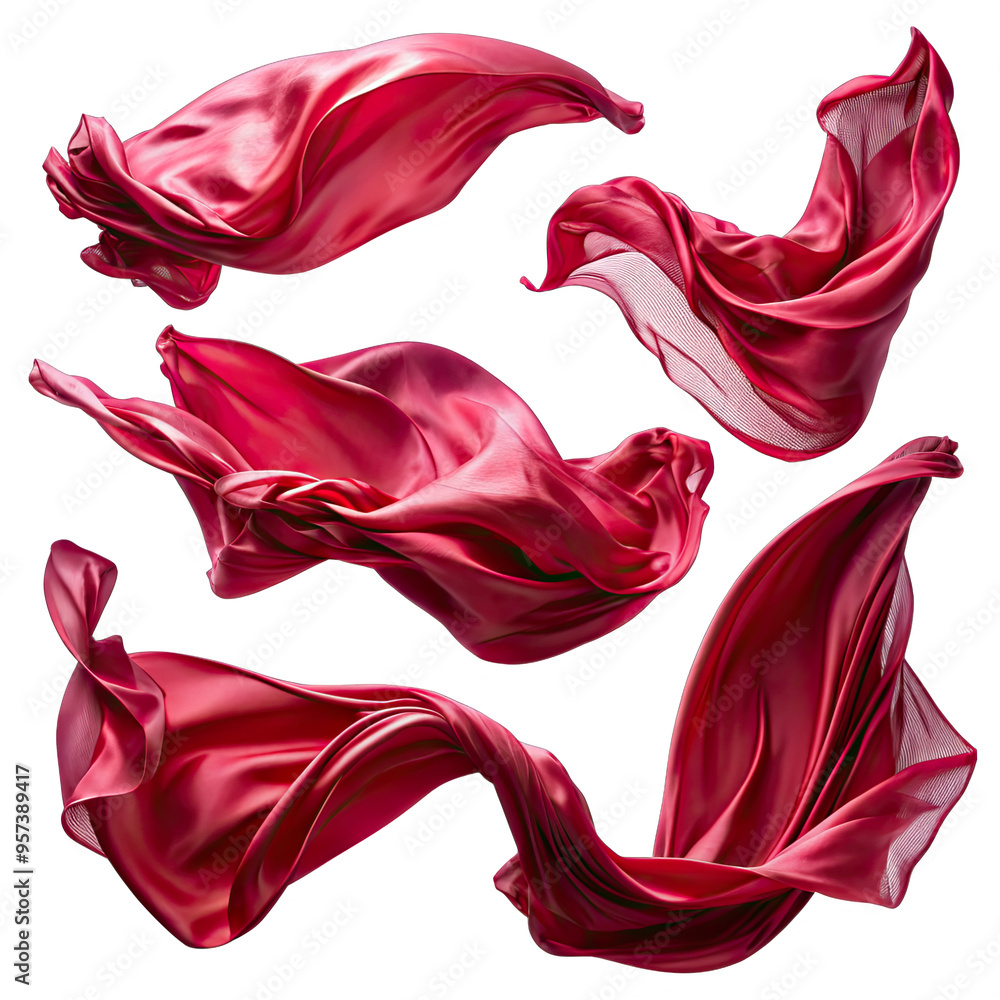 Aufkleber four pieces of ruby red silk fabric are swirling and flowing in a dynamic display against a clean wh