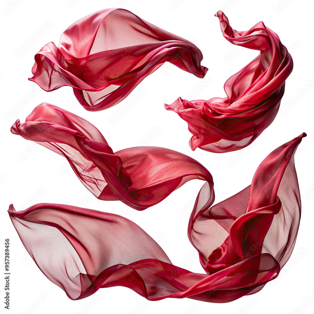 Poster four ruby red transparent silk scarves float in a studio setting, gracefully swirling and undulating