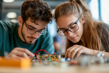 Fototapeta premium Focused Students Working on Electronics Project