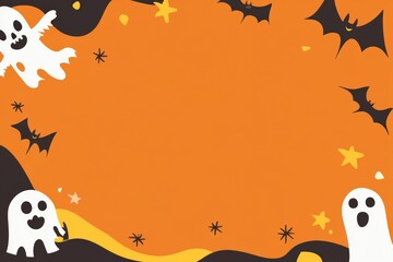 Halloween illustration featuring an orange background with playful white ghosts and black bats. Copy space.