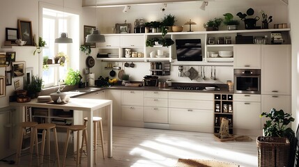 Efficient kitchen layout with practical storage solutions and workspace