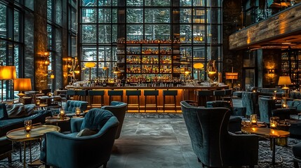   A spacious room adorned with numerous blue couches and armchairs surrounding a well-stocked bar