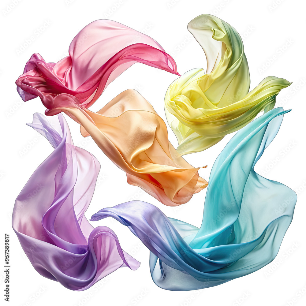 Aufkleber five pieces of colorful, transparent fabric float in the air, creating a dynamic and artistic compos