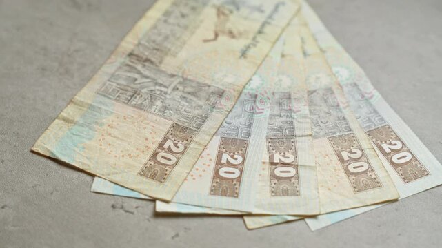 Egyptian banknotes displaying twenty pounds laid out on a concrete surface, highlighting the detailed design and currency from egypt.