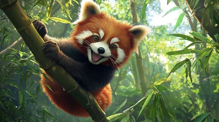   A close-up of a red panda on a tree with its mouth open and tongue hanging out