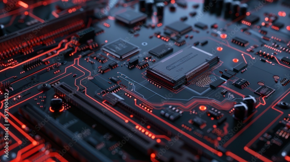 Poster close-up of a circuit board with glowing red lines