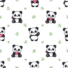 Cute panda with bamboo leaves cartoon seamless pattern, vector illustration © Totostarkk9456