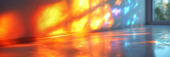 Warm sunlight streams through a window, casting a colorful and abstract pattern on the wall and floor.