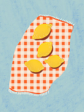Fresh Yellow Sorrento Lemons on Red and White Gingham Tea Towel