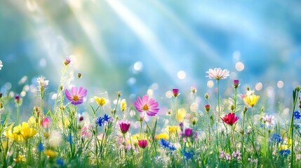 Colorful flower meadow with sunbeams and blue sky and bokeh lights in summer 