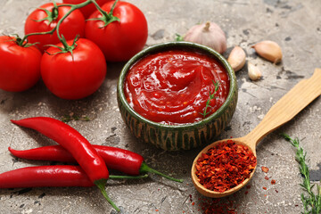 Bowl of chili sauce and different ingredients on grey background