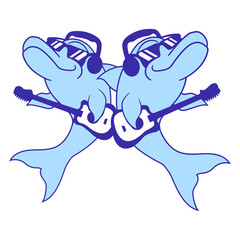 Two Dolphin Electric Guitar 2 Funny Animals Team Friends Duo Cool Cute Sunglasses Headphone Play Hard Rock Guitarist Heavy Metal Band Play Stage Jam Session Concert Loud Bass Sound Gig Festival Hobby