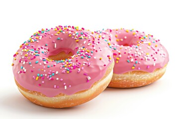 Colorful strawberry glazed donuts with sprinkles on white background