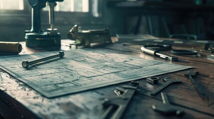 A construction blueprint with tools.