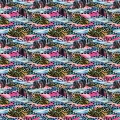 Fun girly camouflage pattern in vibrant stripes and spotted seamless design . Modern skin texture patched effect for festival and beach wear style in repeat .