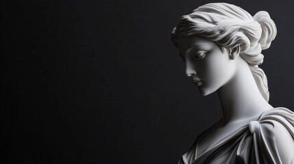 Marble statue of a woman with elegant features, captured in soft lighting against a dark backdrop.