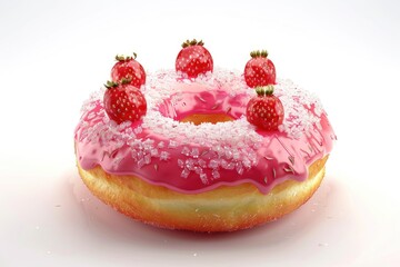 Pink strawberry donut with toppings  unhealthy sugar addiction concept.