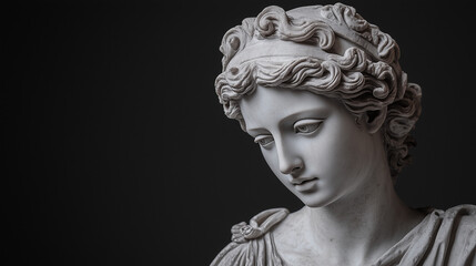 Close-up of a marble bust with intricate detailing, set against a minimalist black background
