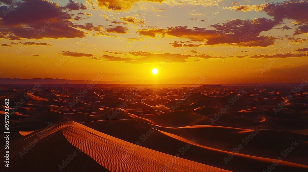 Poster sun setting on desert dunes with cloudy background