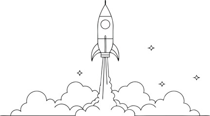 continuous single line drawing of Missile rocket launch with fire and smoke trail , line art vector illustration