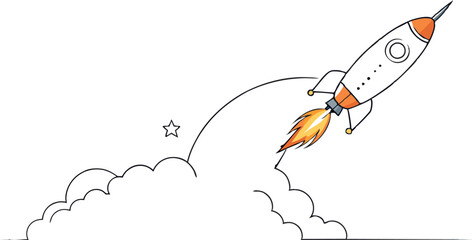 continuous single line drawing of Missile rocket launch with fire and smoke trail , line art vector illustration