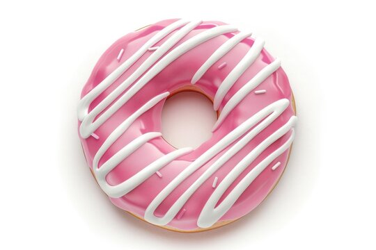 Donut with pink icing and white stripes isolated on white background. Top view. - Powered by Adobe