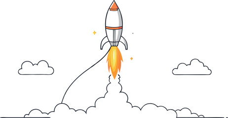 continuous single line drawing of Missile rocket launch with fire and smoke trail , line art vector illustration