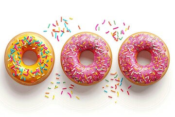 Colorful sprinkled donuts on white background  top view.