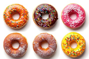 Colorful sprinkled donuts on white background  top view.